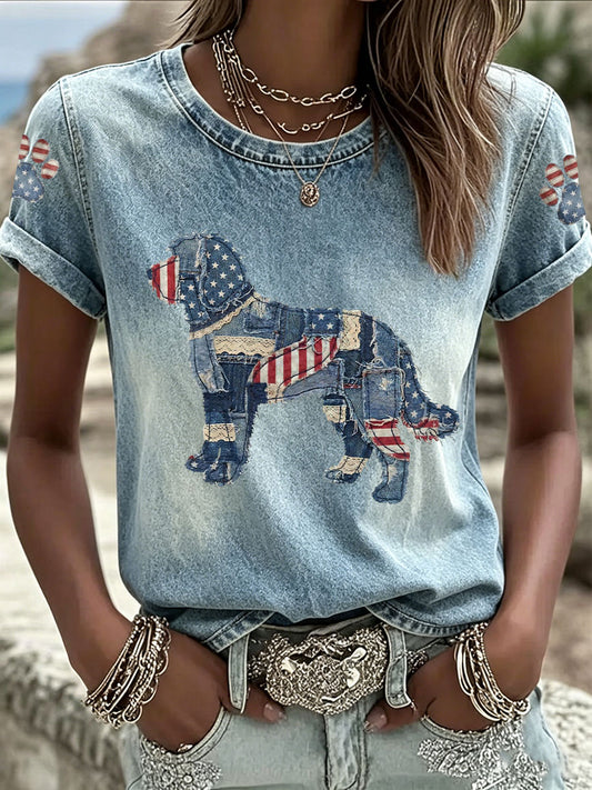Women's Dog Patchwork Art Print Casual T-shirt
