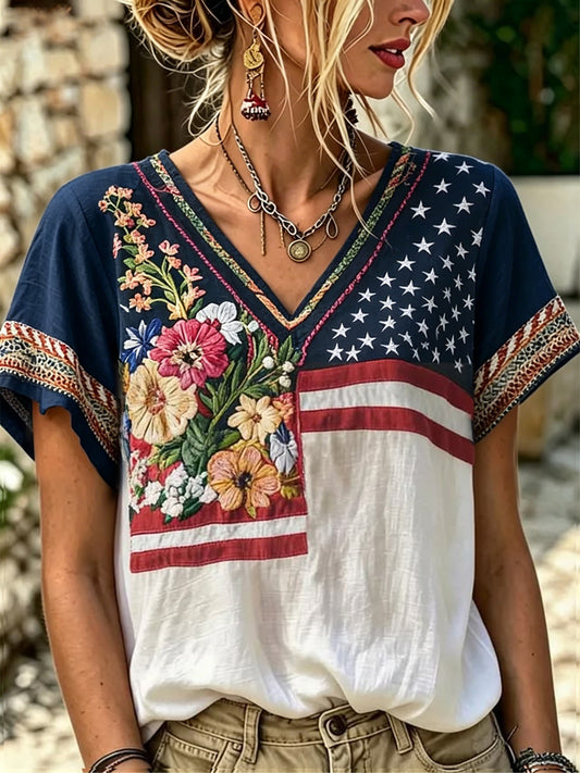 Women's Independence Day Floral USA Flag Print V-Neck Tee