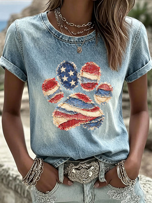 Women's Paw Print Patchwork Casual T-Shirt