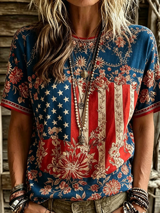 Women's Retro Patriotic Commemorative Day Floral Art Print Casual T-shirt