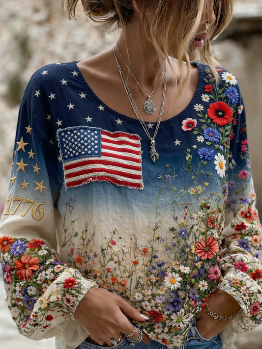 Women's Retro Patriotic Commemorative Day Art Print Casual Top