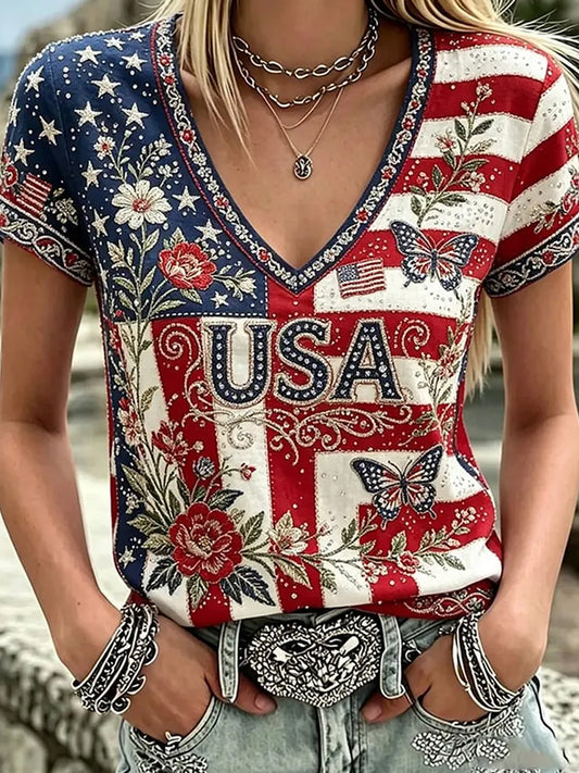 Women's Retro Patriotic Commemorative Day Floral Art Print Casual T-shirt