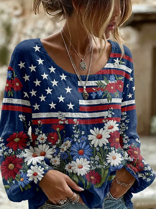 Women's Retro Patriotic Commemorative Floral Art Print Casual Top