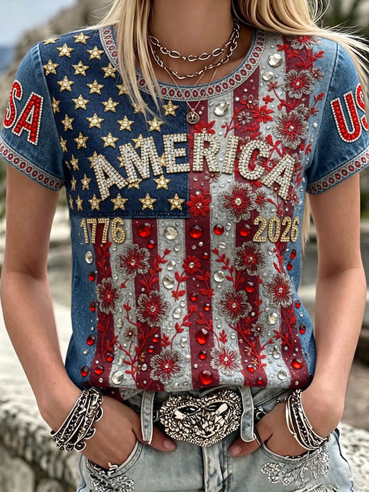 Women's Retro Patriotic Commemorative Day Art Print Casual T-shirt