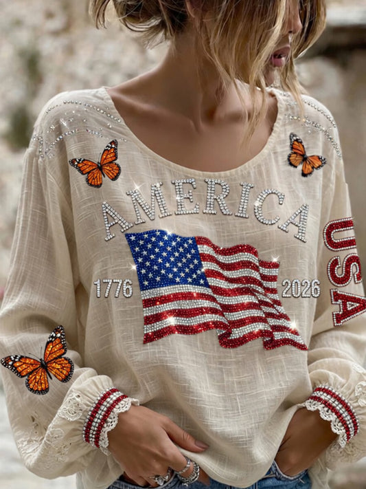 Women's Retro Patriotic Commemorative Day Art Print Casual Top