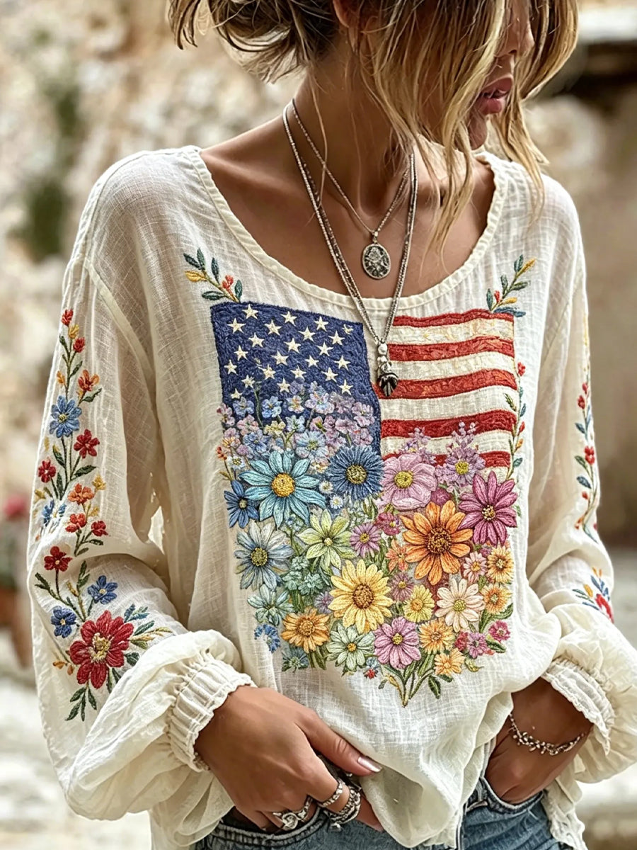 Women's Retro Patriotic Commemorative Floral Art Print Casual Top