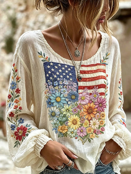 Women's Retro Patriotic Commemorative Floral Art Print Casual Top