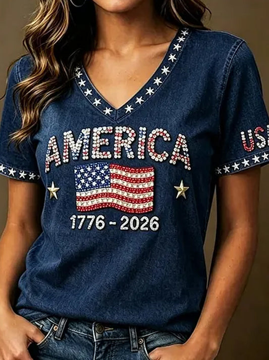 Women's Retro Patriotic Commemorative Day Floral Art Print Casual T-shirt