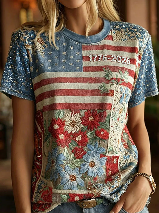 Women's Retro Patriotic Commemorative Day Floral Art Print Casual T-shirt