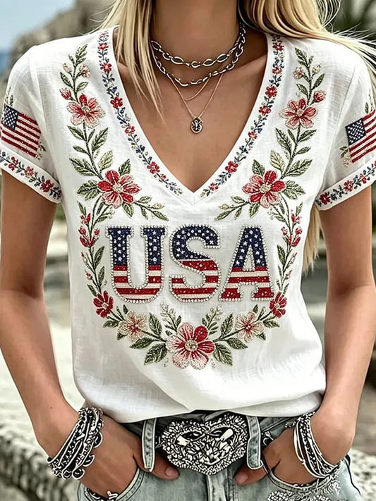 Women's Retro Patriotic Commemorative Day Floral Art Print Casual T-shirt