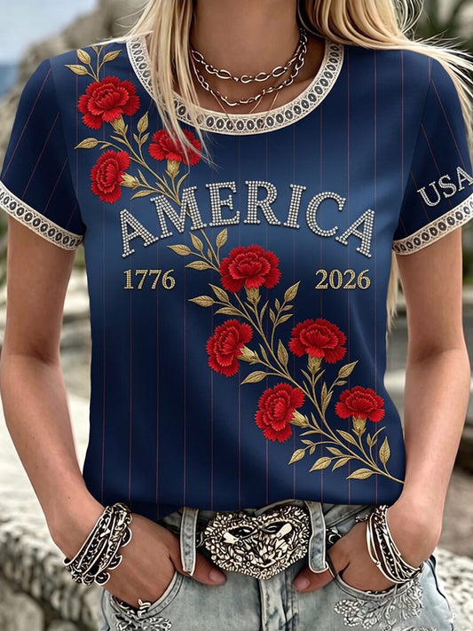 Women's Retro Patriotic Commemorative Day Art Print Casual T-shirt