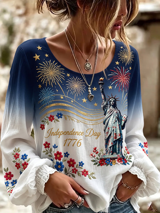 Women's Retro Patriotic Commemorative Day Art Print Casual Top