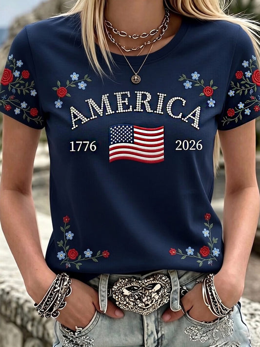Women's Retro Patriotic Commemorative Day Art Print Casual T-shirt
