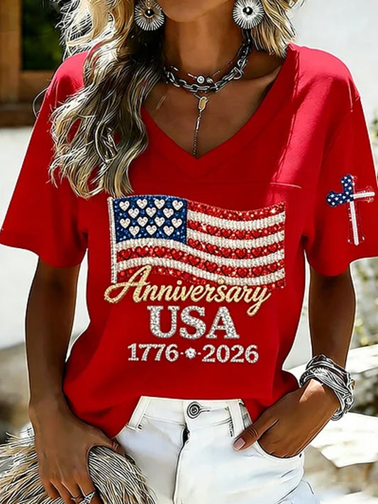 Women's Retro Patriotic Commemorative Day Floral Art Print Casual T-shirt