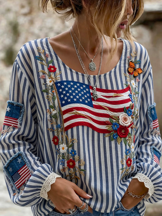 Women's Retro Patriotic Commemorative Day Art Print Casual Top