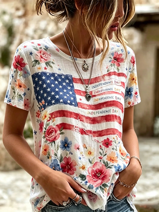 Women's Independence Day Flag & Floral Pattern Casual Short Sleeves Top