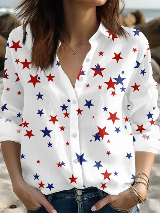 Women's Independence Day Red White Blue Stars Print Casual Patriotic Long Sleeve Shirt