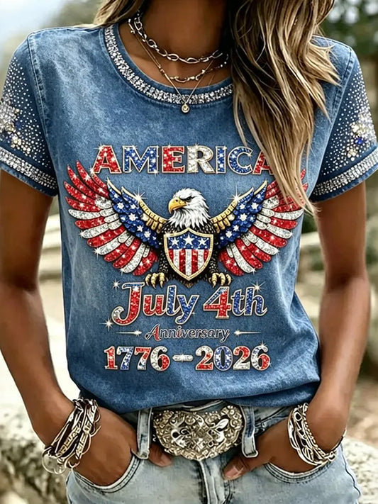 Women's Independence Day Flag & Eagle Art Casual Short Sleeve T-shirt