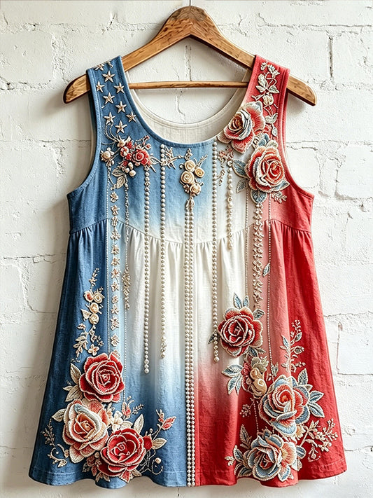 Women's Independence Day Inspired Floral Pattern Cotton Linen Top