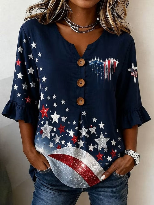 Women's Independence Day USA Flag Jet Heart Print Casual Patriotic Shirt