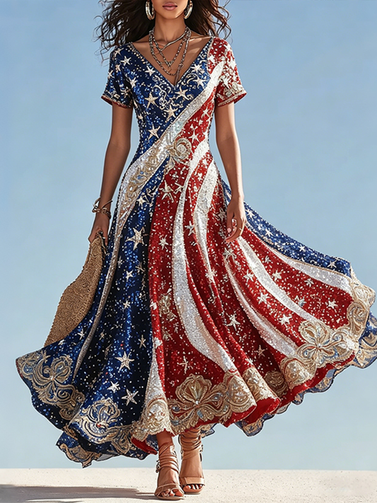 Women's American Flag Flowers V-neck Dress