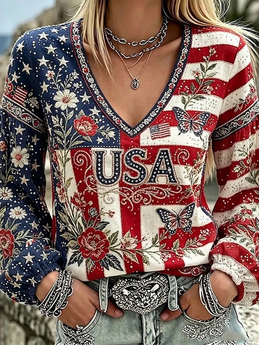 Women's American Flag Flowers Cotton-Linen Shirt
