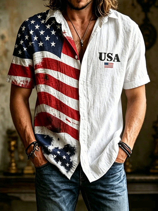 Men's Independence Day USA Flag Print Casual Patriotic Short Sleeve Shirt
