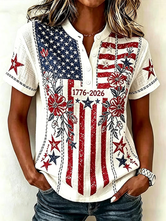 Women's Vintage Independence Day Flag Floral Art Print Short Sleeve Top