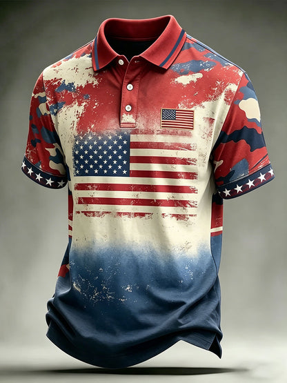 Men's Vintage Independence Day Flag Floral Art Print Short Sleeve Top