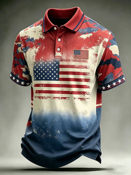 Men's Vintage Independence Day Flag Floral Art Print Short Sleeve Top