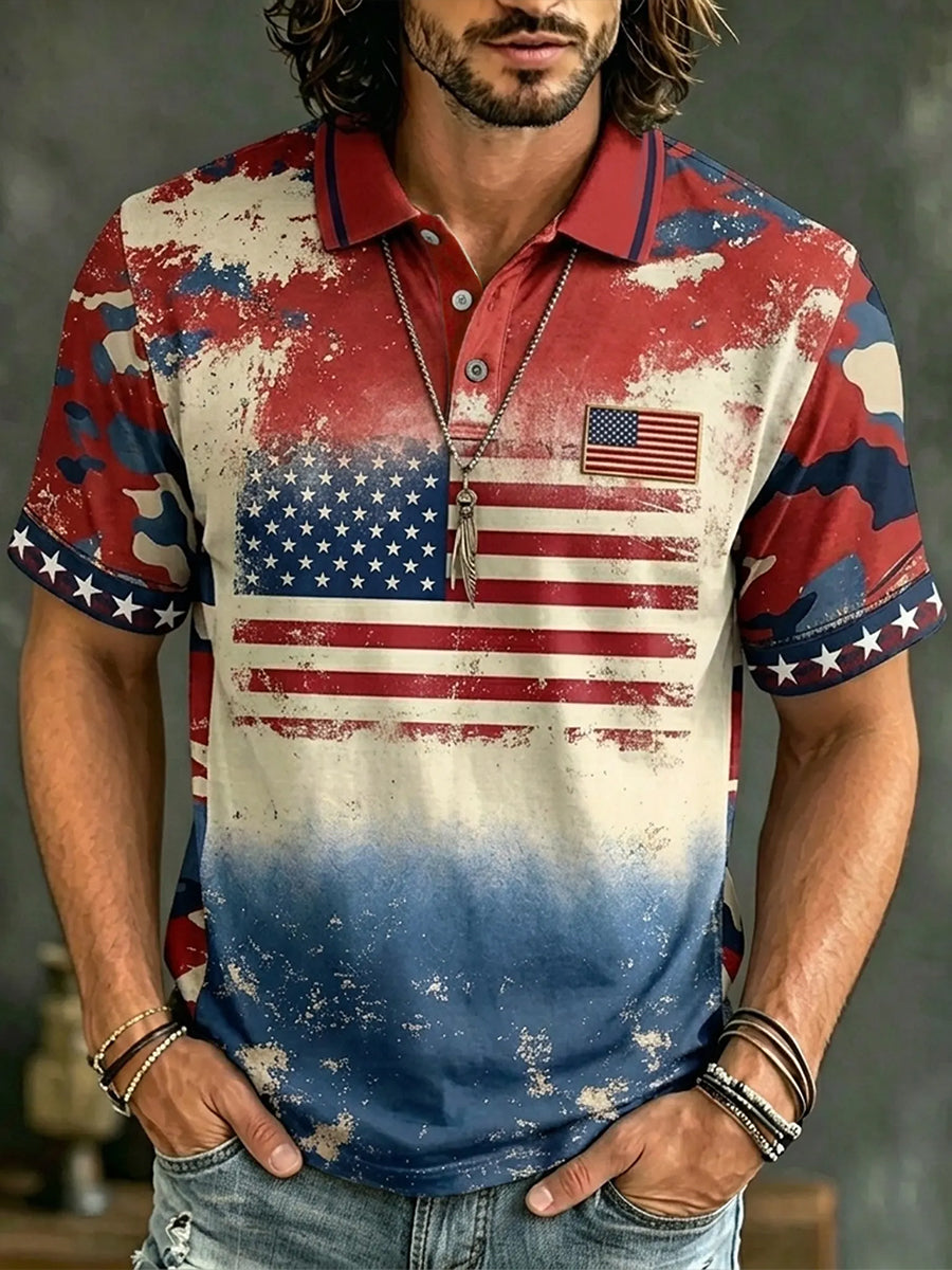 Men's Vintage Independence Day Flag Floral Art Print Short Sleeve Top