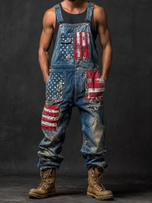 Men's Vintage American Flag Patchwork Print Overalls Jumpsuit