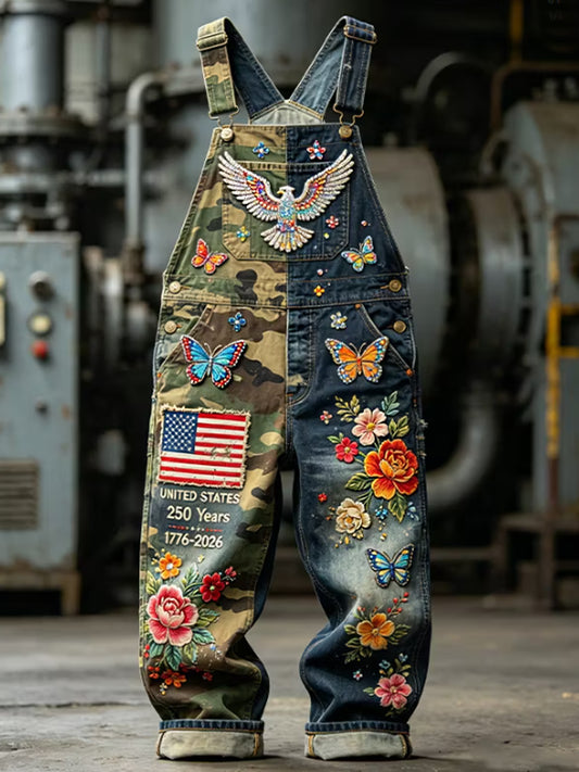 Men's Vintage American Flag Patchwork Print Overalls Jumpsuit