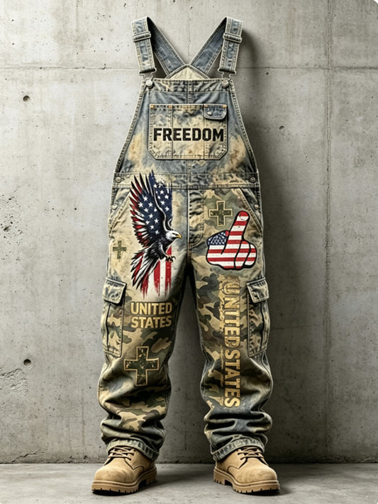 Men's Vintage American Flag Patchwork Print Overalls Jumpsuit