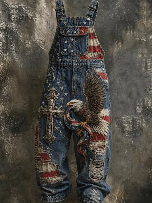 Men's Vintage American Flag Patchwork Print Overalls Jumpsuit
