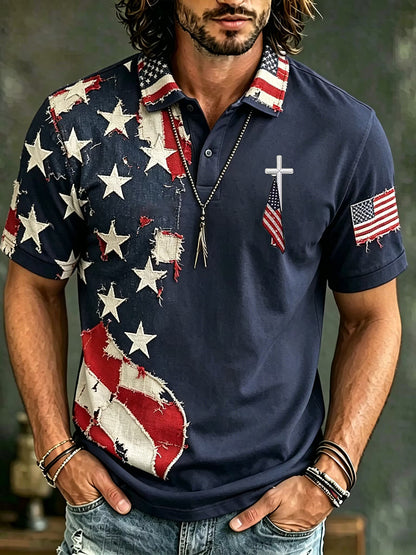 Men's Vintage Independence Day Flag Cross Art Print Short Sleeve Top
