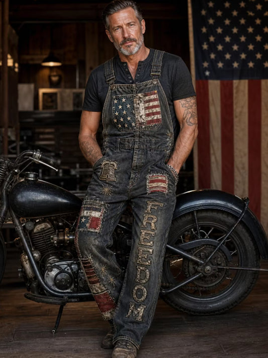 Men's Vintage American Flag Patchwork Print Overalls Jumpsuit