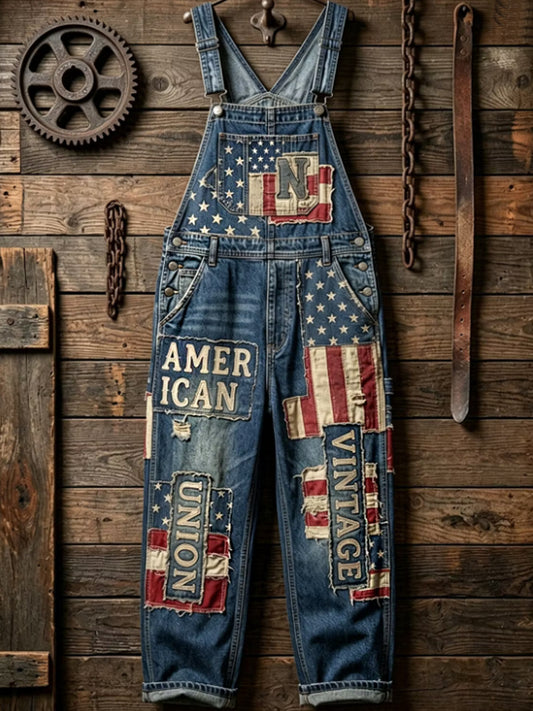 Men's Vintage American Flag Patchwork Print Overalls Jumpsuit