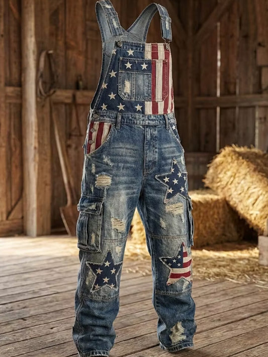 Men's Vintage American Flag Patchwork Print Overalls Jumpsuit
