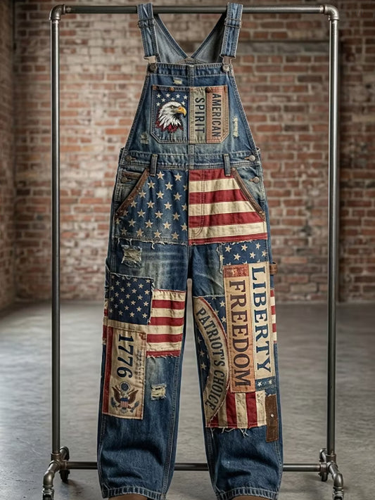 Men's Vintage American Flag Patchwork Print Overalls Jumpsuit