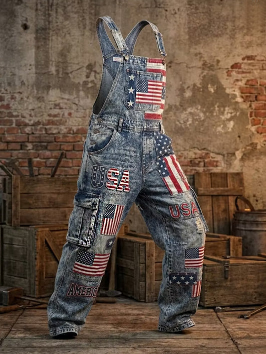 Men's Vintage American Flag Patchwork Print Overalls Jumpsuit