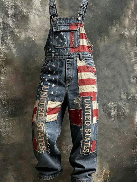 Men's Vintage American Flag Patchwork Print Overalls Jumpsuit