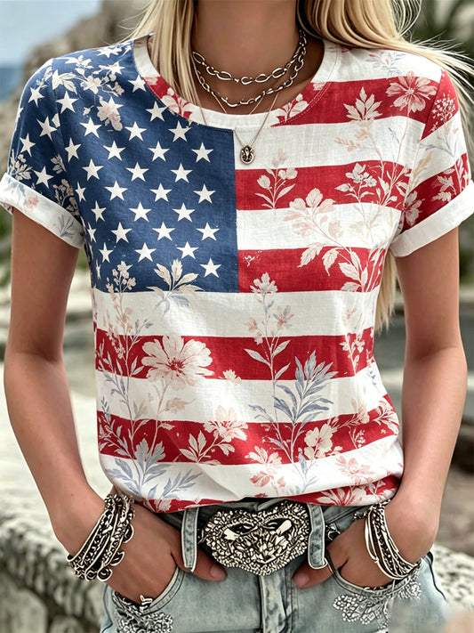Women's America Floral Print Casual T-Shirt