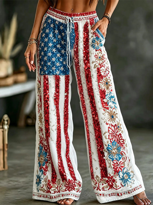 Women's Vintage American Flag And Floral Art  Casual Pants