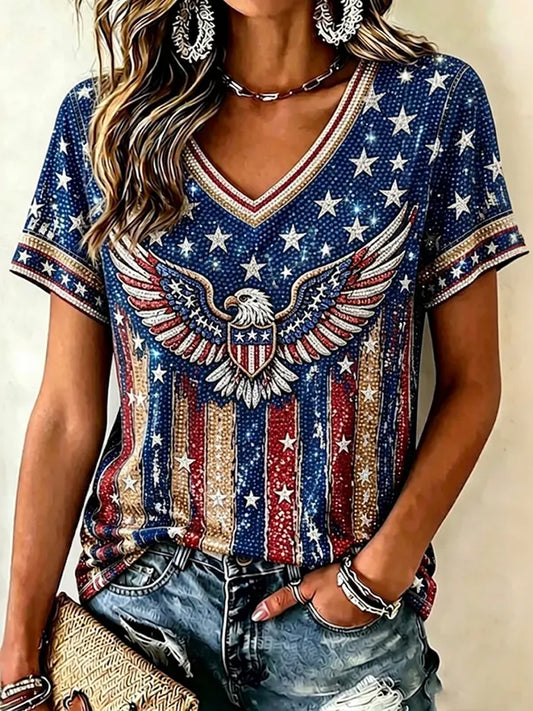 Women's Vintage Independence Day Eagle Flag Print Casual V Neck  T-shirt