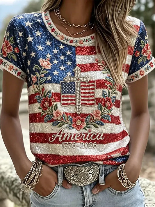 Women's Independence Day Flag & Floral Pattern Casual Short Sleeves  T-shirt