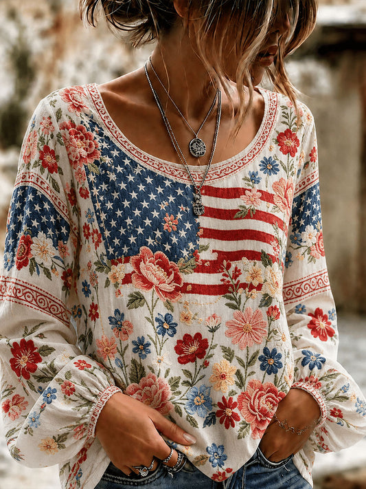 Women's American Flag Floral Print Casual T-Shirt