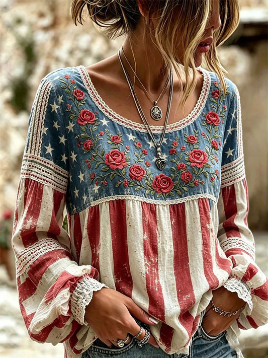 Women's American Flag Floral Print Casual T-Shirt