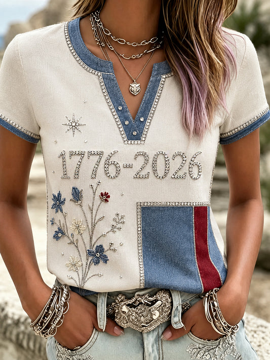 Women's Retro Embroidered Floral Art Print Casual Cotton Linen Comfortable T-shirt