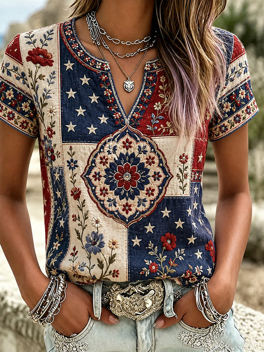 Women's Retro Embroidered Floral Art Print Casual Cotton Linen Comfortable T-shirt